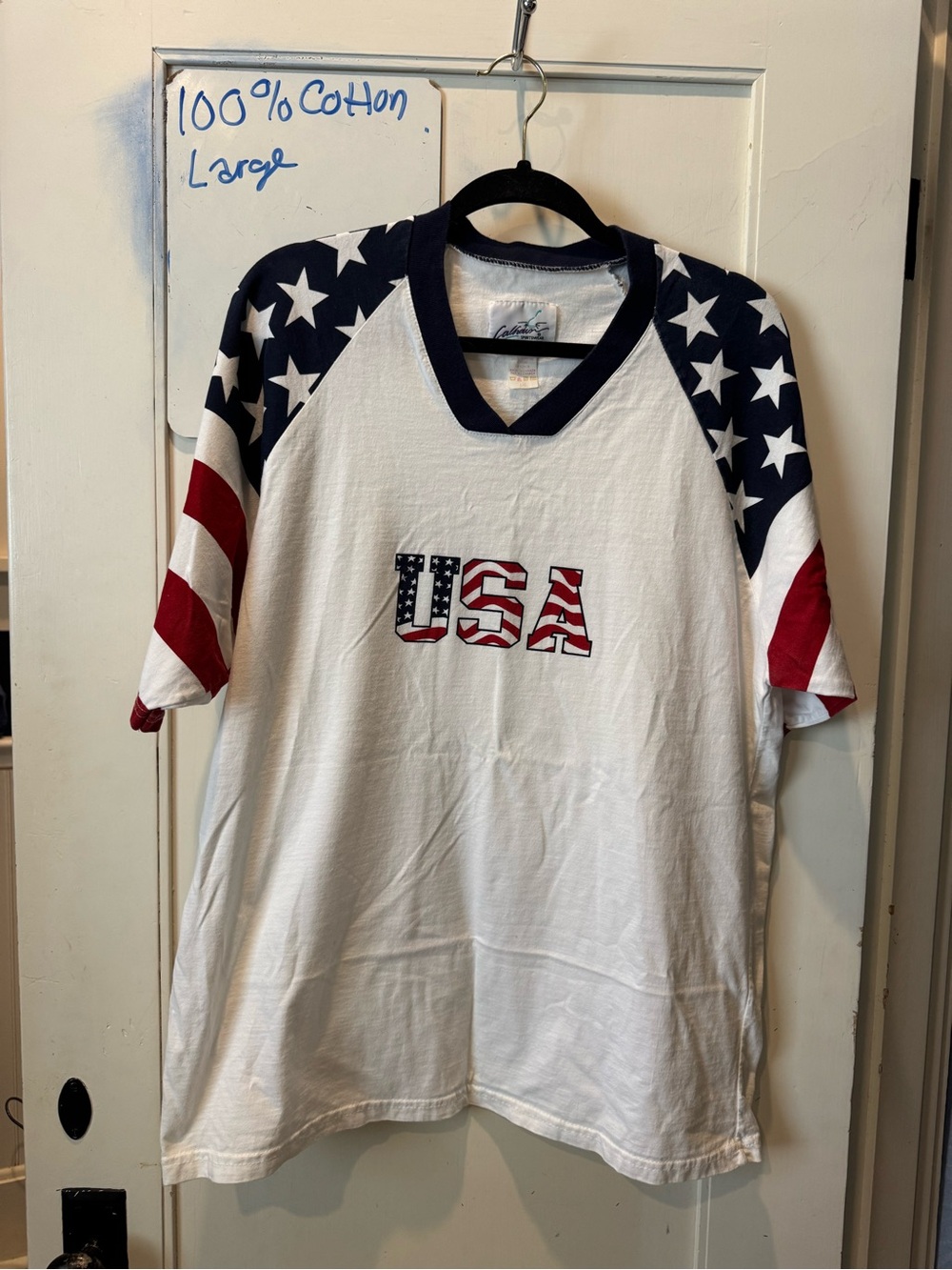 Vintage 100% Cotton USA Graphic Raglan Short Sleeve Tee -Patriotic